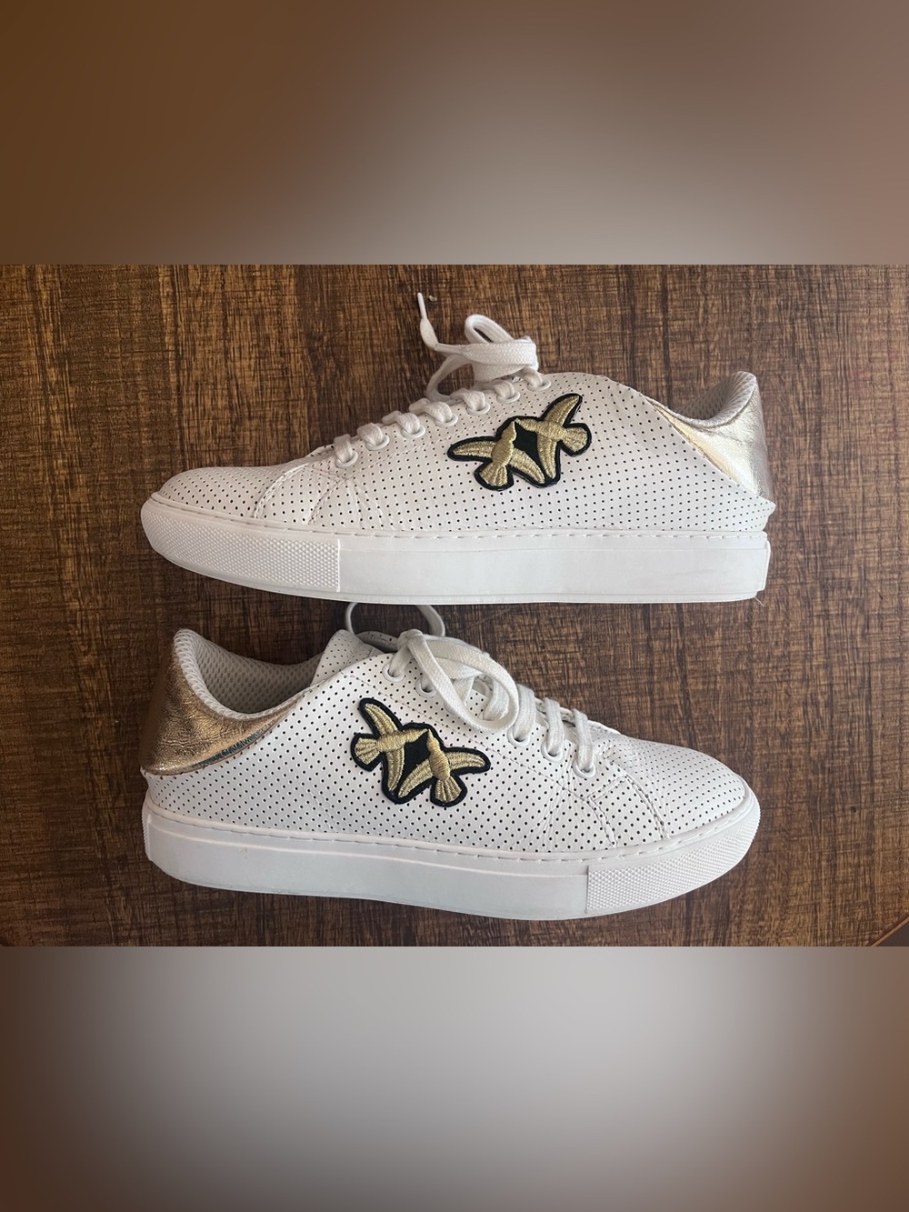 Pinko White Leather Love Birds Perforated Low-Top Gold Sneakers 9.5